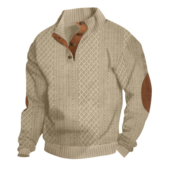 Herren Strukturiertes Zopfmuster-Henley-Pullover mit Lederbesatz an Ellbogen & Knopfleiste Drune