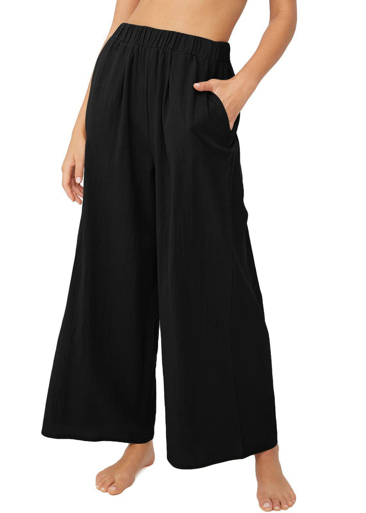 Damen Leichte Palazzo-Hose mit weitem Bein, elastischem Bund und Eingrifftaschen Drune