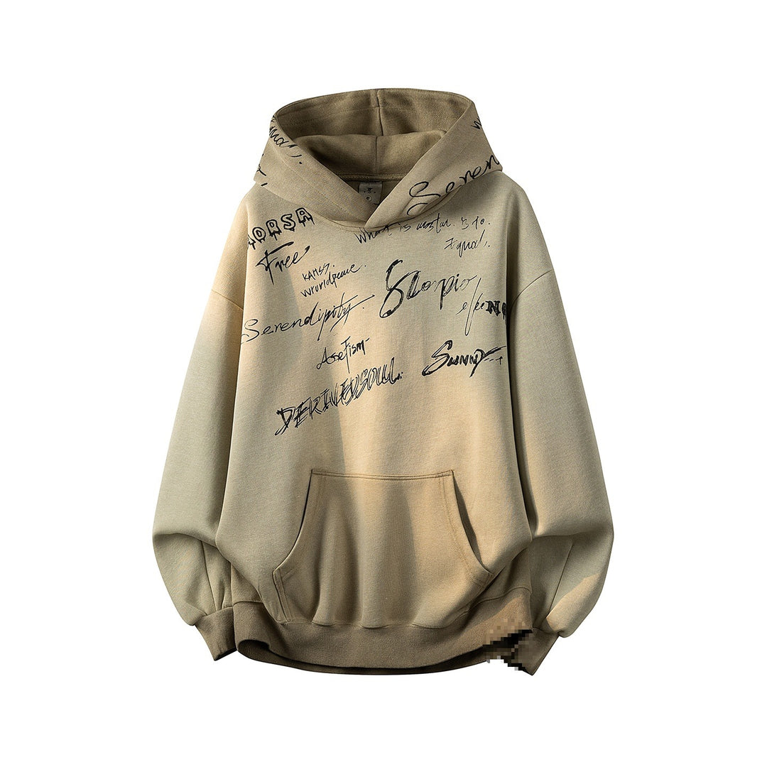 Unisex Oversize Kapuzenpullover mit handschriftlichem Grafik-Print, Kängurutasche & geripptem Saum Drune