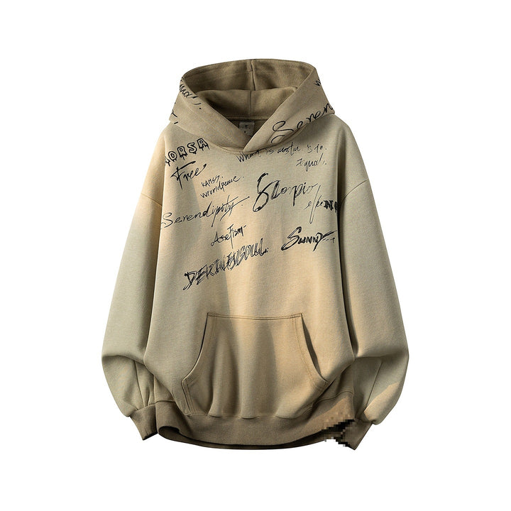 Unisex Oversize Kapuzenpullover mit handschriftlichem Grafik-Print, Kängurutasche & geripptem Saum Drune