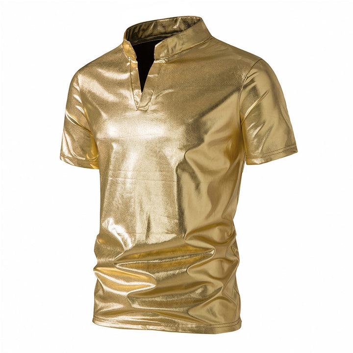 Herren modisches Metallic-T-Shirt mit hohem Kragen und kreativem Schnitt Drune