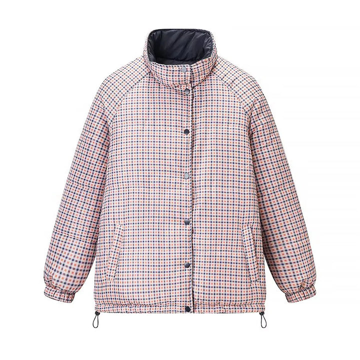 Damen nan warme Oversize-Steppjacke mit kariertem Innenfutter, Stehkragen und Tunnelzugsaum Drune