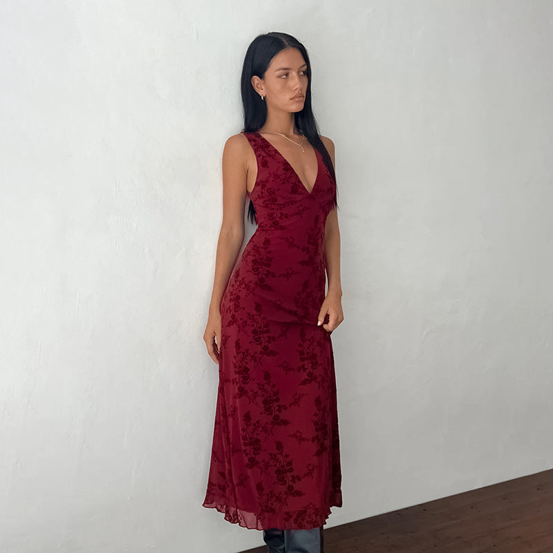 Damen Maxikleid mit tiefem V-Ausschnitt und floralem Spitzenmuster Drune
