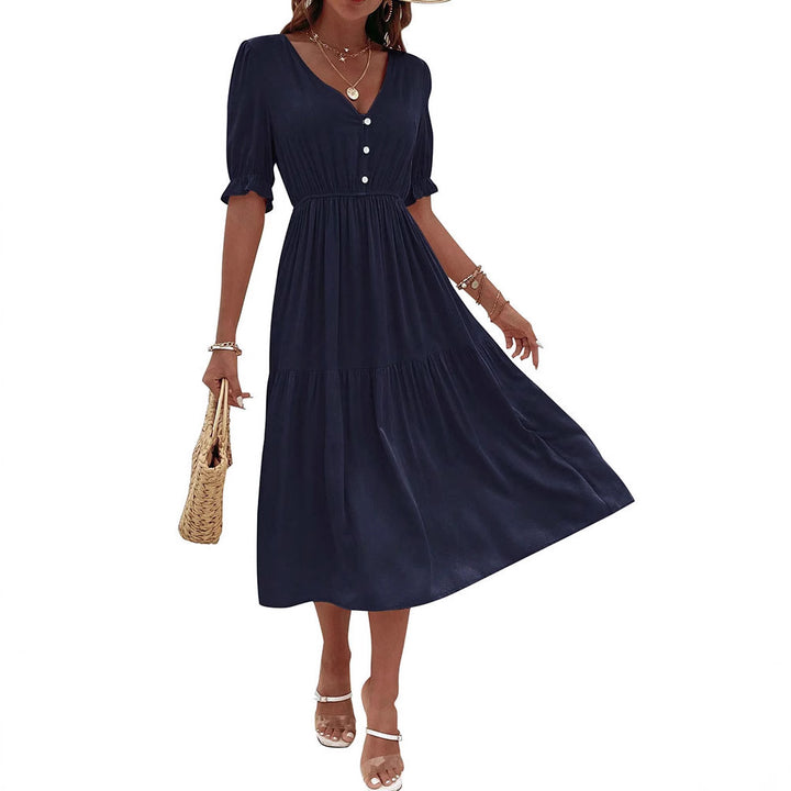 Damen Midi-Kleid mit knöpfbarem V-Ausschnitt und luftigen Puffärmeln Drune