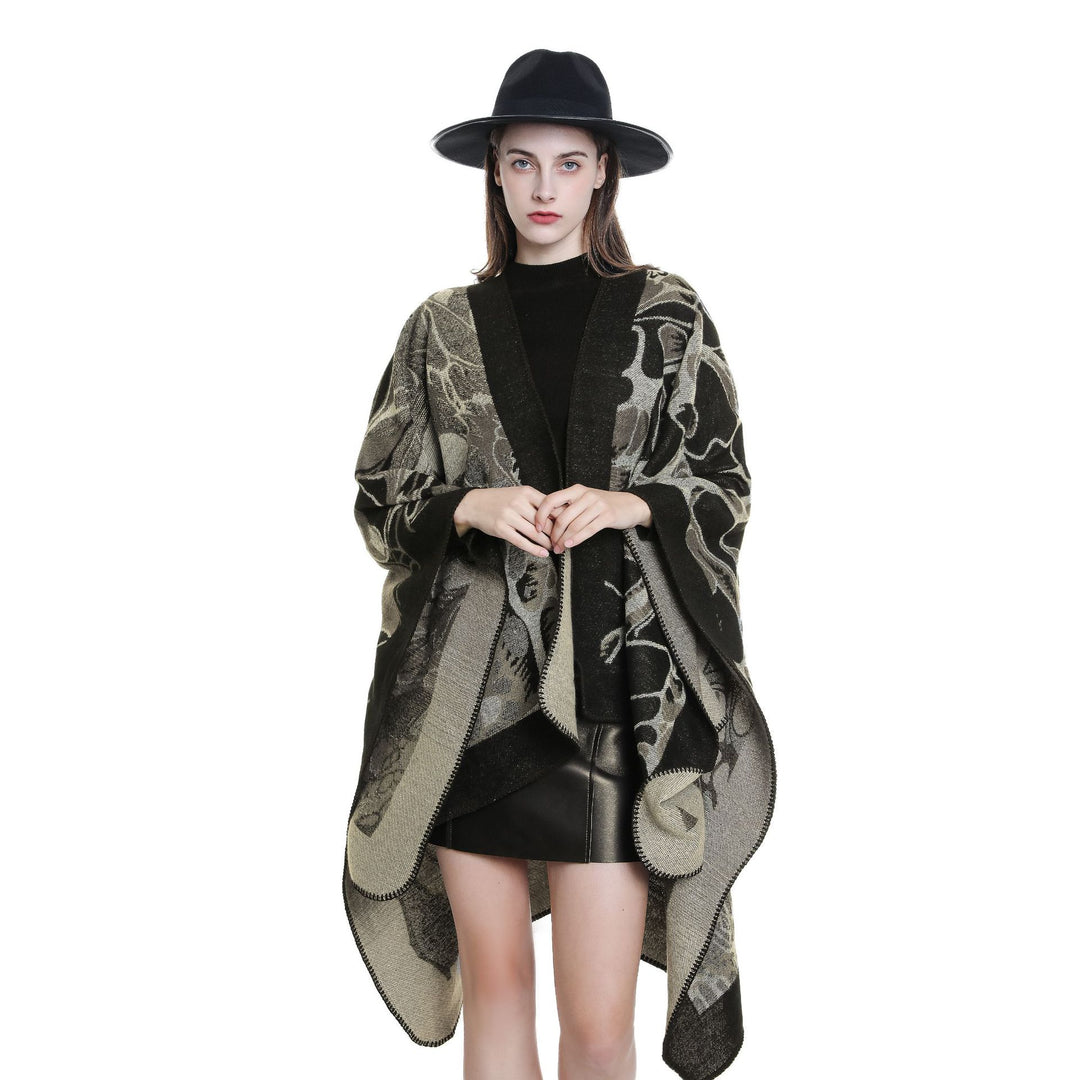 Damen Wollmix‑Jacquard‑Umhang mit offener Kimono‑Silhouette Drune