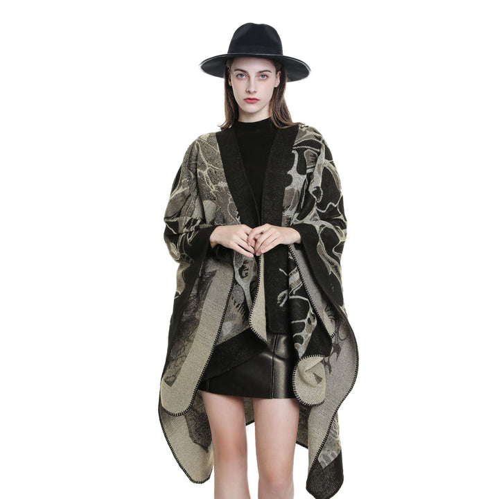 Damen Wollmix‑Jacquard‑Umhang mit offener Kimono‑Silhouette Drune