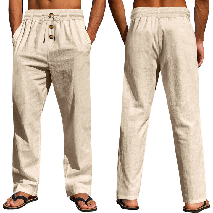 Herren nan lockere Leinen-Relaxhose mit elastischem Tunnelzugbund, Kordelzug und dekorativer Knopfleiste Drune