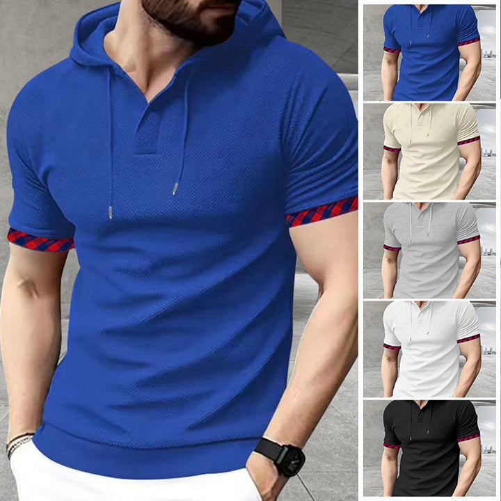 Herren nan schmal geschnittenes Kurzarm-Kapuzenshirt im Polostil mit Henley-Ausschnitt und karierter Ärmelmanschette Drune