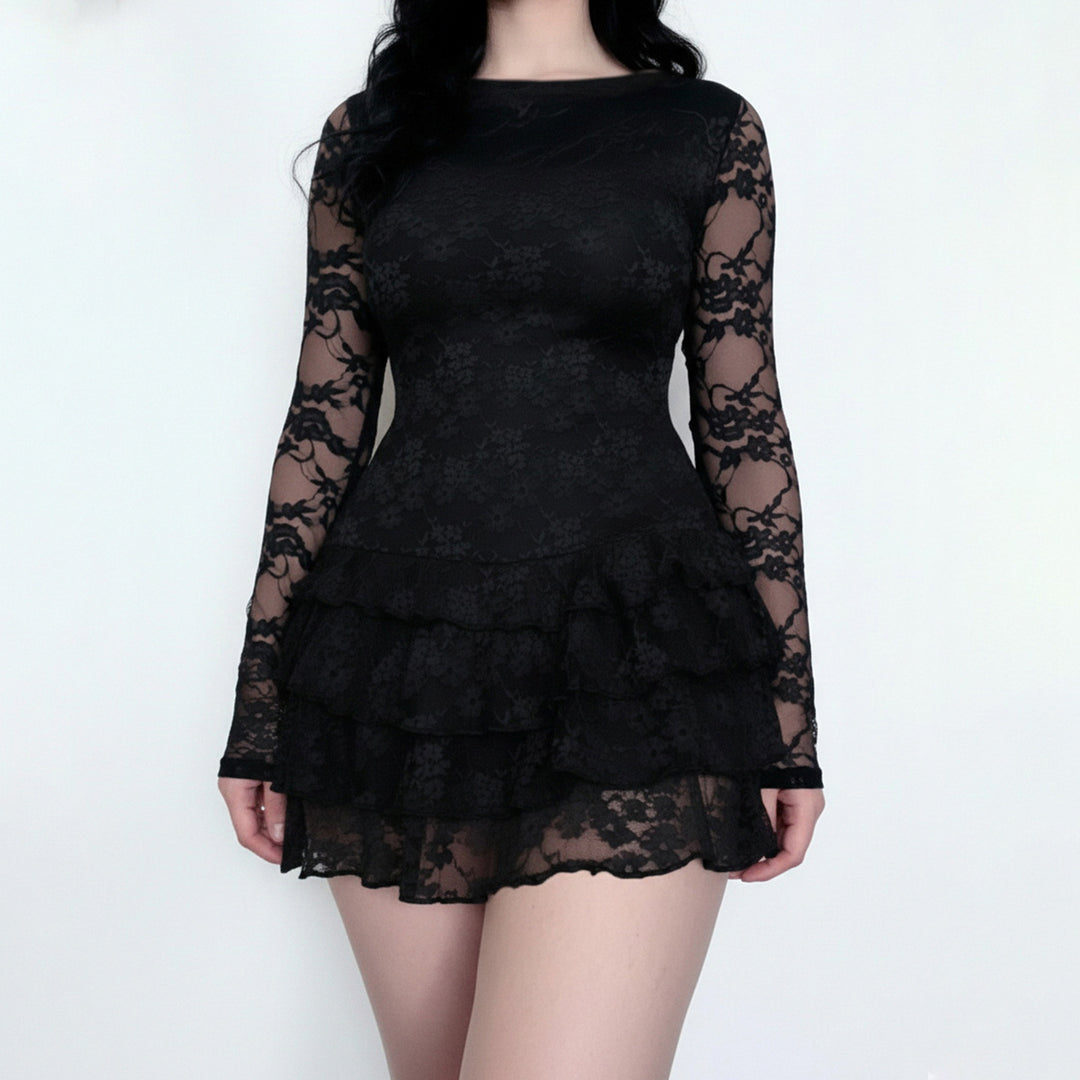 Damen Spitzenkleid mit voluminösen Rüschendetails und langem Arm Drune