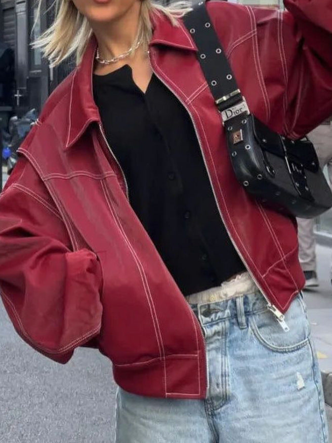Damen stilvolle Kunstlederjacke mit Drapierung und taillierbarem Gürtel Drune