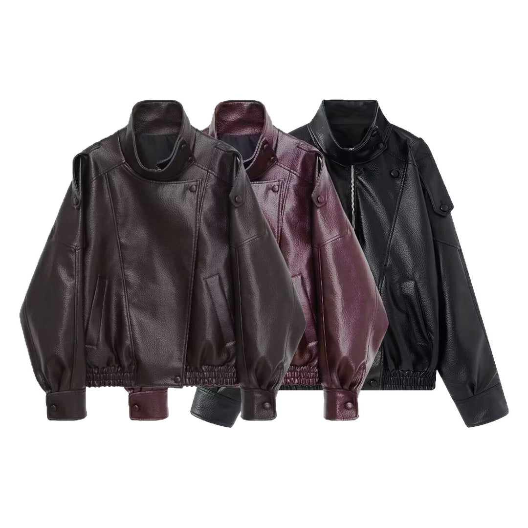 Damen Oversized Kunstleder-Bikerjacke mit asymmetrischem Revers, Stehkragen und Taillenzug Drune