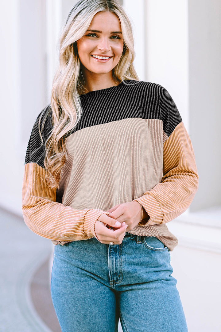 Damen lässiger Pullover mit Rippstruktur und Farbblöcken Drune