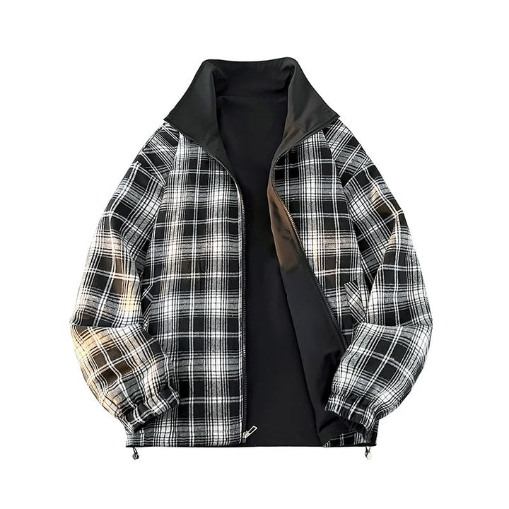Unisex Wende-Utility-Jacke mit kariertem Innenfutter, Stehkragen und elastischen Bündchen Drune