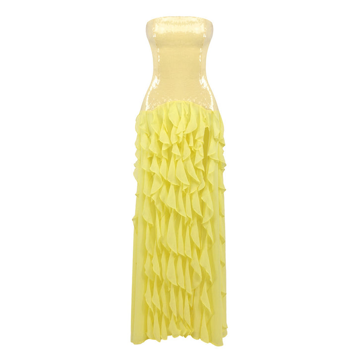 Damen Rüschen Abendkleid mit schimmerndem Oberteil und elegantem Schnitt Drune