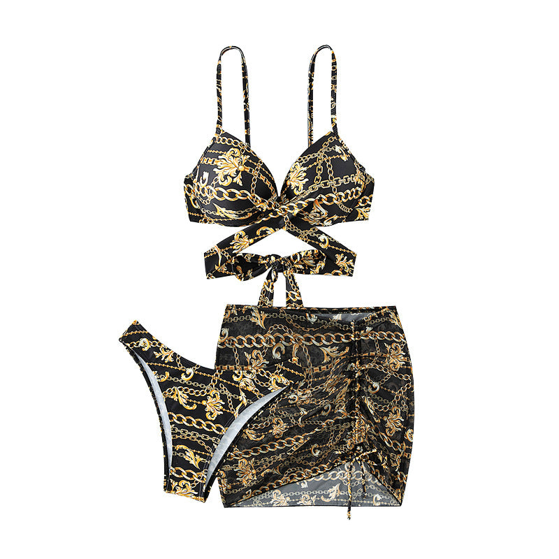 Damen Bikini mit ausgefallenem Kettenmuster und integriertem Rock Drune