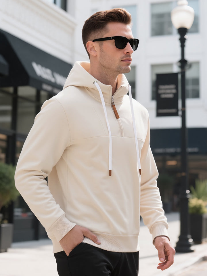 Herren Halbzip-Kapuzenpullover mit Stehkragen, Kordelzug und Lederdetails Drune