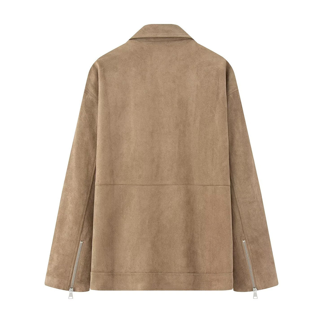 Damen nan lange Oversize-Bikerjacke in Veloursoptik mit diagonalem Reißverschluss und Mehrfachtaschen Drune