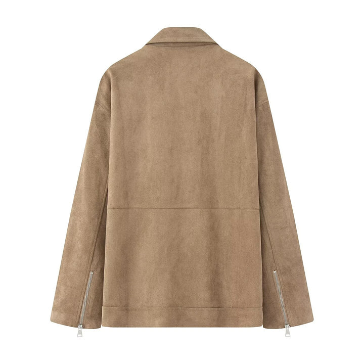 Damen nan lange Oversize-Bikerjacke in Veloursoptik mit diagonalem Reißverschluss und Mehrfachtaschen Drune