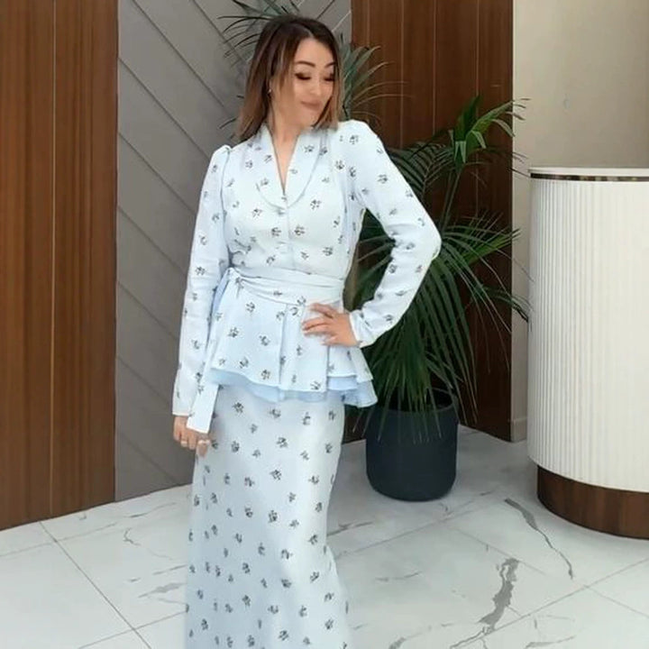 Damen Zweiteiliges Wickel‑Set mit Schößchenjacke und figurbetontem Maxirock Drune
