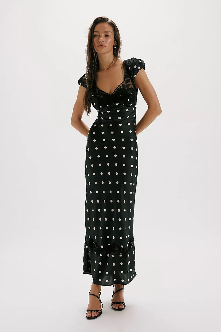 Damen Elegantes Maxikleid mit Polka-Dots und romantischem Rückenausschnitt Drune