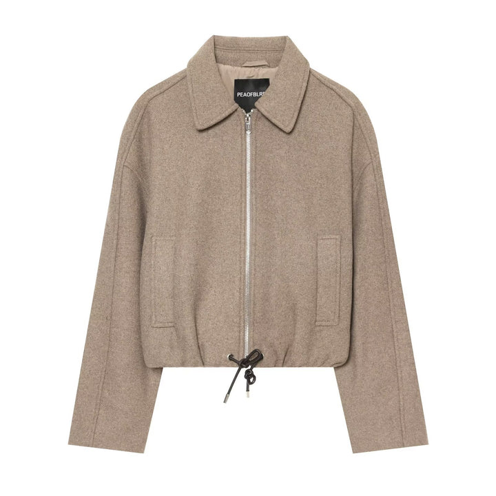 Damen Kurze Wollmix-Jacke mit Frontreißverschluss und Kordelzugsaum Drune