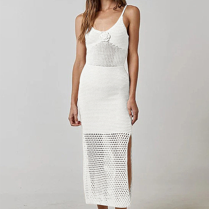 Damen Häkel-Strandkleid mit durchbrochenem Design und tiefem Schlitz Drune
