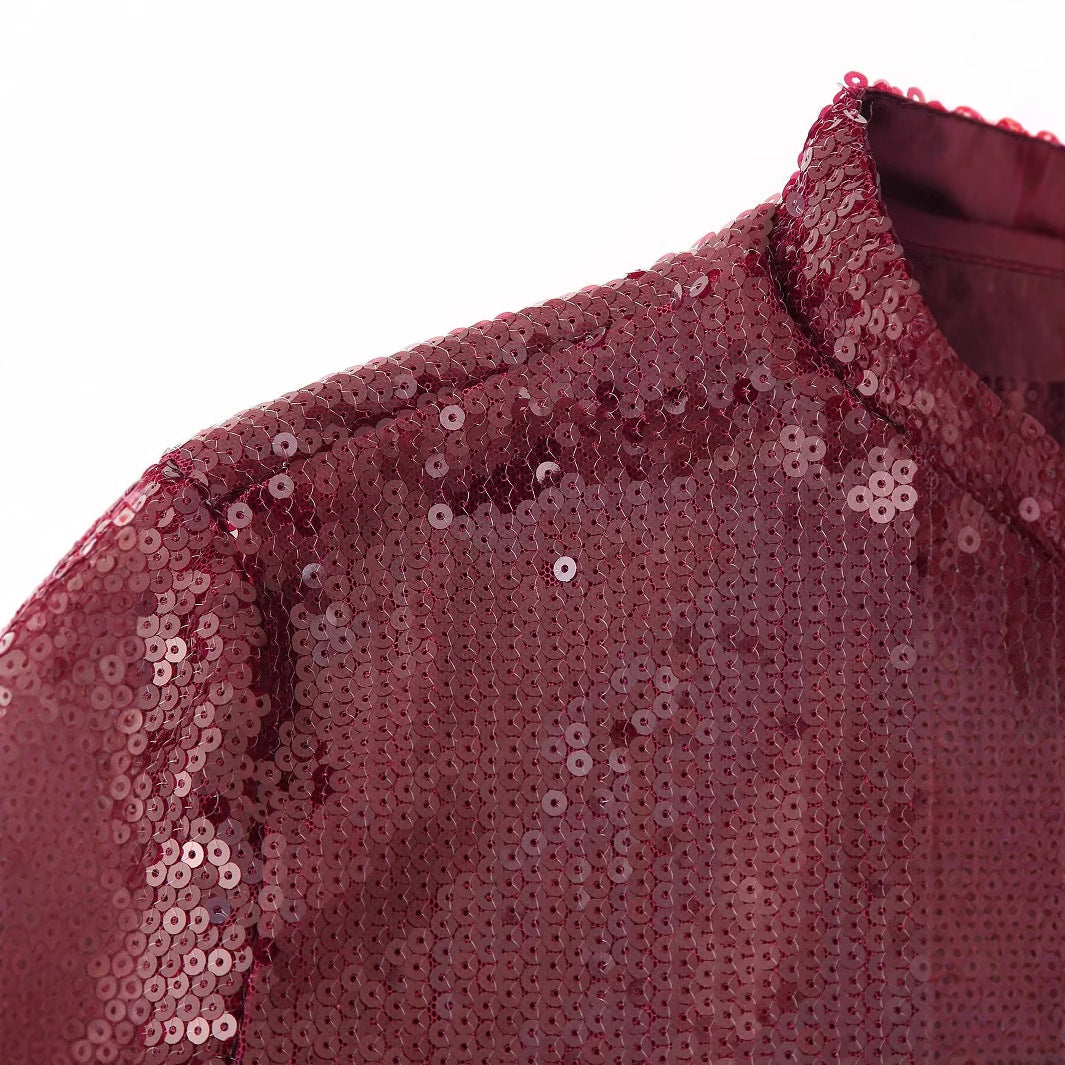 Damen nan festliches Maxikleid mit Paillettenoberteil, Stehkragen, langen Ärmeln und gerafftem Taillenrock Drune