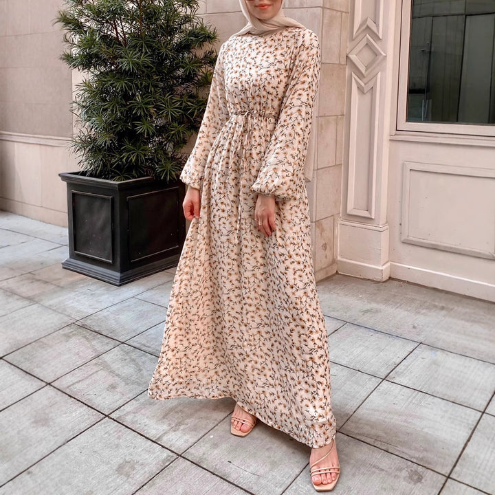 Damen Geblümtes Maxikleid mit Kordel-Taille und Ballonärmeln Drune