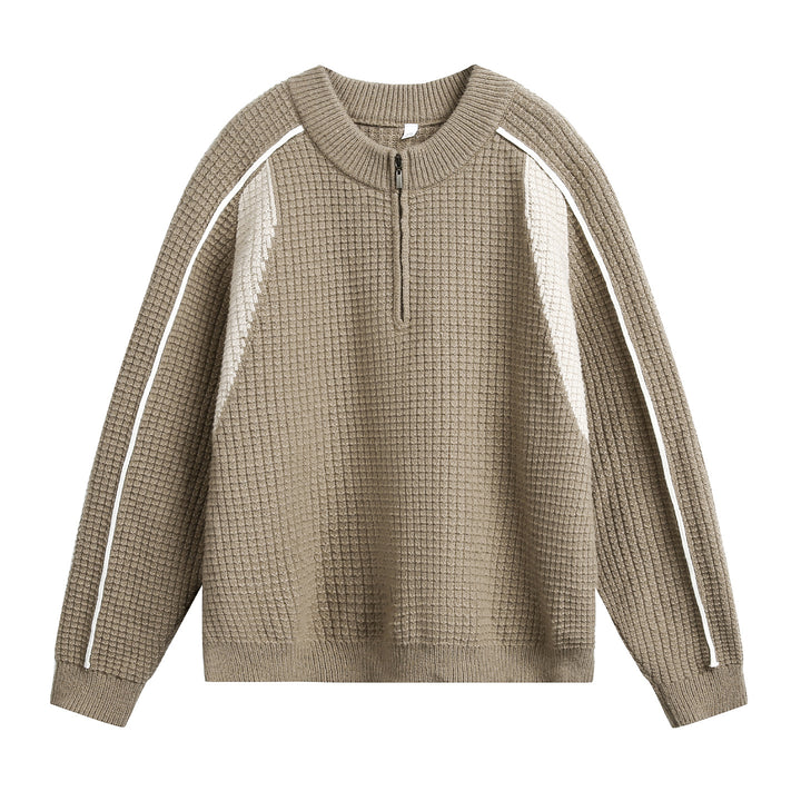 Herren Grobgestrickter Waffel-Strickpullover mit Halbzip und Kontrastpasse Drune