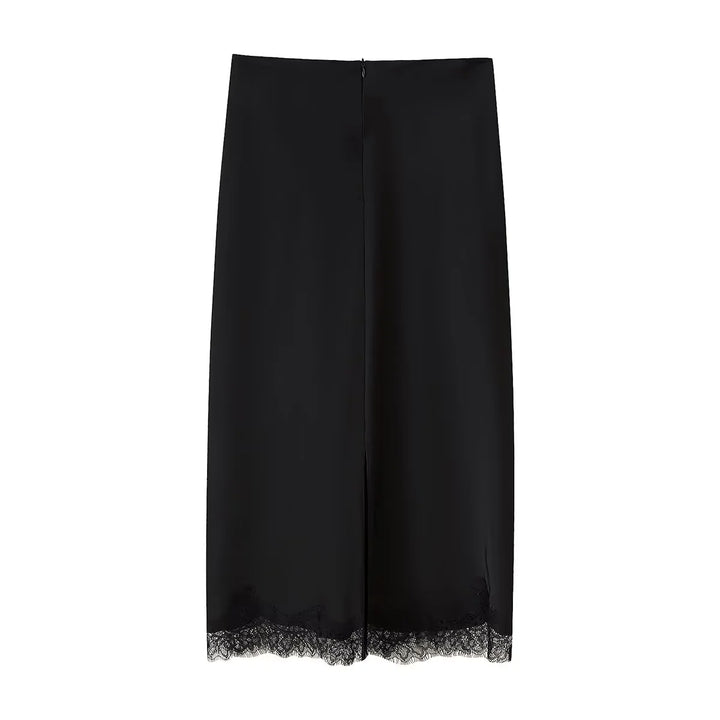 Damen nan Satin-Midirock als Unterrock mit elastischem Komfortbund und zarter Spitzenkante Drune