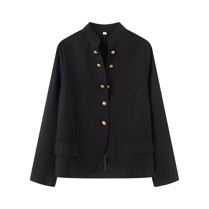 Damen Elegante Kurzjacke mit Stehkragen, Zierriegelknöpfen und Pattentaschen Drune