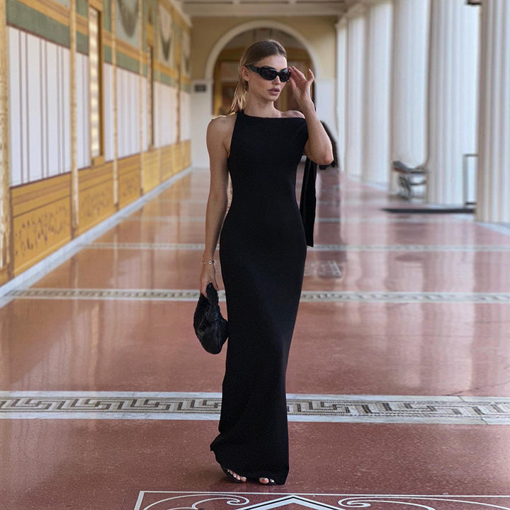 Damen elegantes Maxikleid mit asymmetrischem Design und einem ärmellosen Schnitt Drune