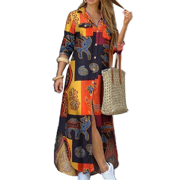 Damen nan langes Hemdkleid mit floralem Muster und seitlichem Schlitz Drune