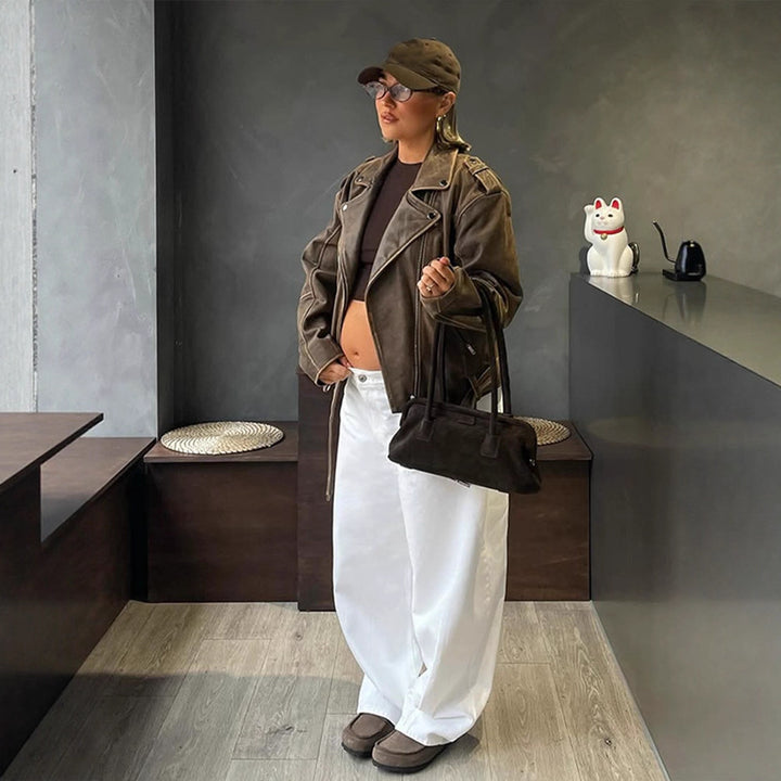 Damen Veloursleder‑Optik Bikerjacke mit Schulterklappen und asymmetrischem Reißverschluss Drune