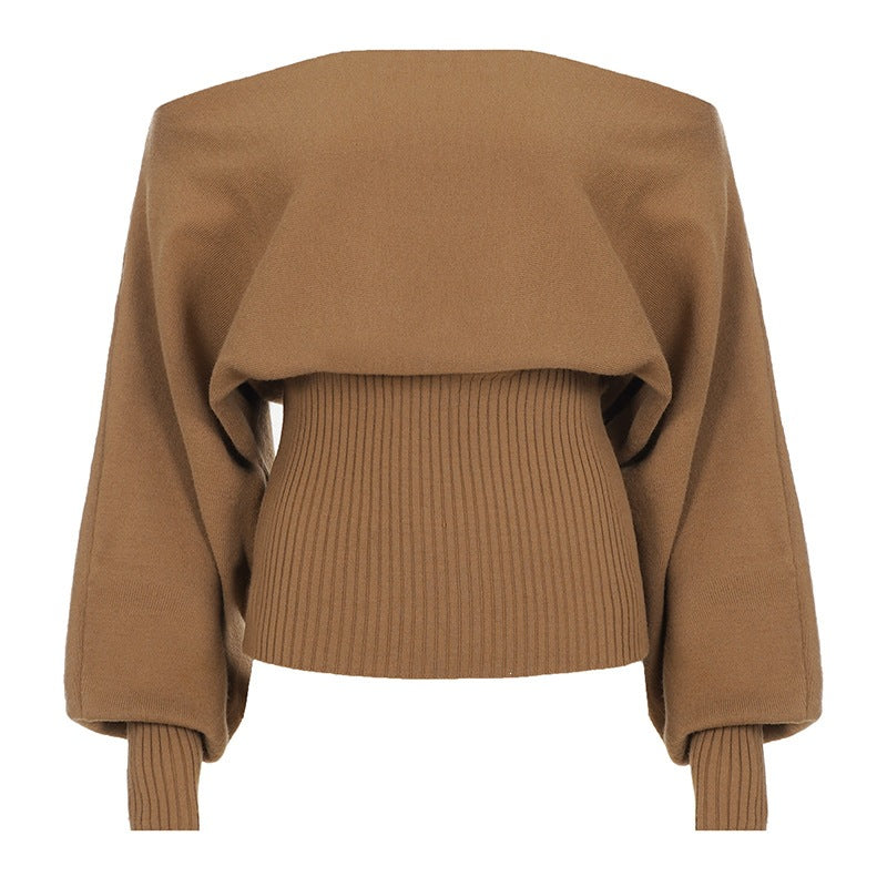 Damen Oversize schulterfreier Pullover mit breitem Rippbund und Ballonärmeln Drune