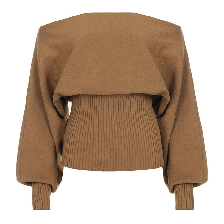 Damen Oversize schulterfreier Pullover mit breitem Rippbund und Ballonärmeln Drune
