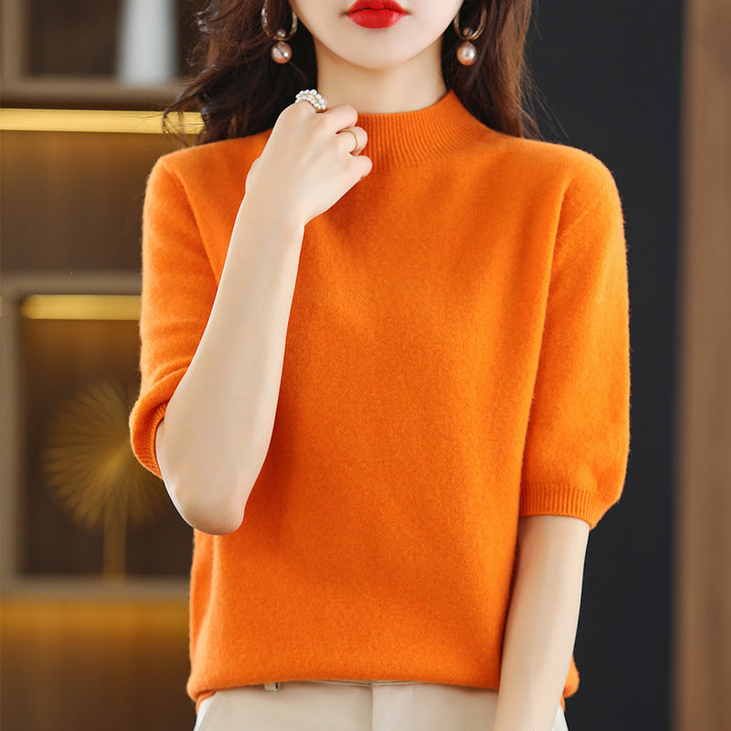 Damen Kurzärmeliger Feinstrick-Pullover mit halbem Rollkragen Drune