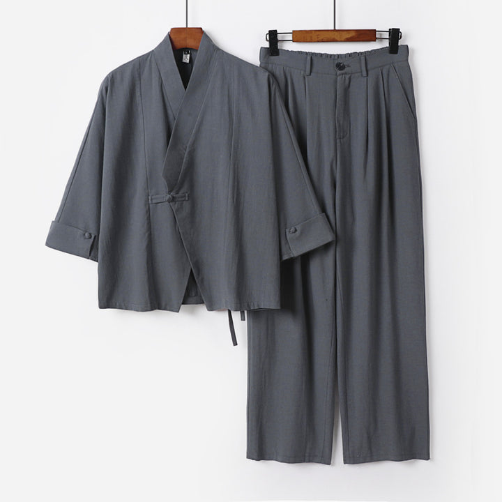 Herren Modernes Zen-Loungewear-Set aus Leichtem Material mit Kurz-Kimono und tailliert-zulaufender Bundhose Drune