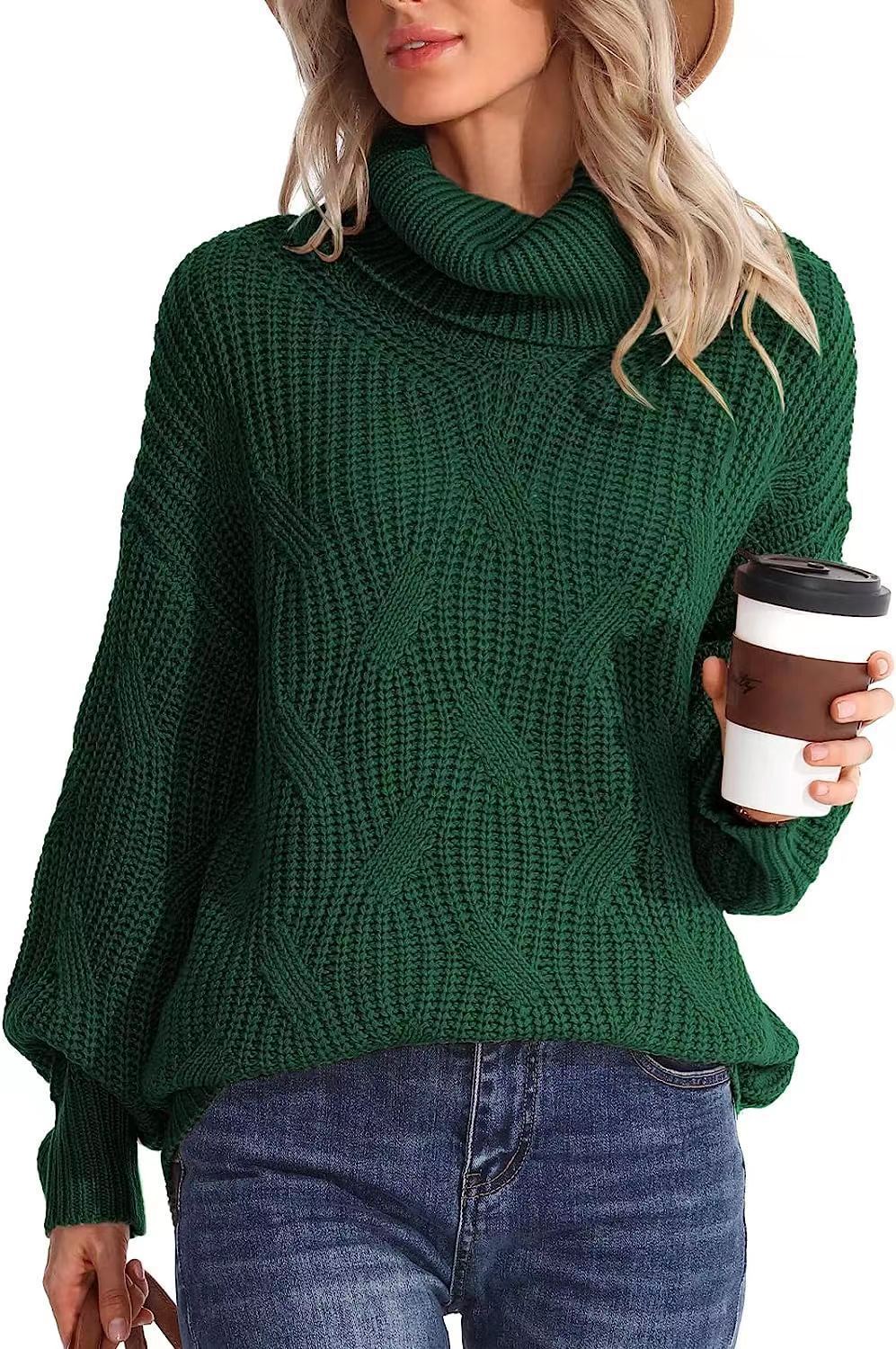 Damen Weicher Strickpullover mit hohem Kragen und Kabelmuster Drune