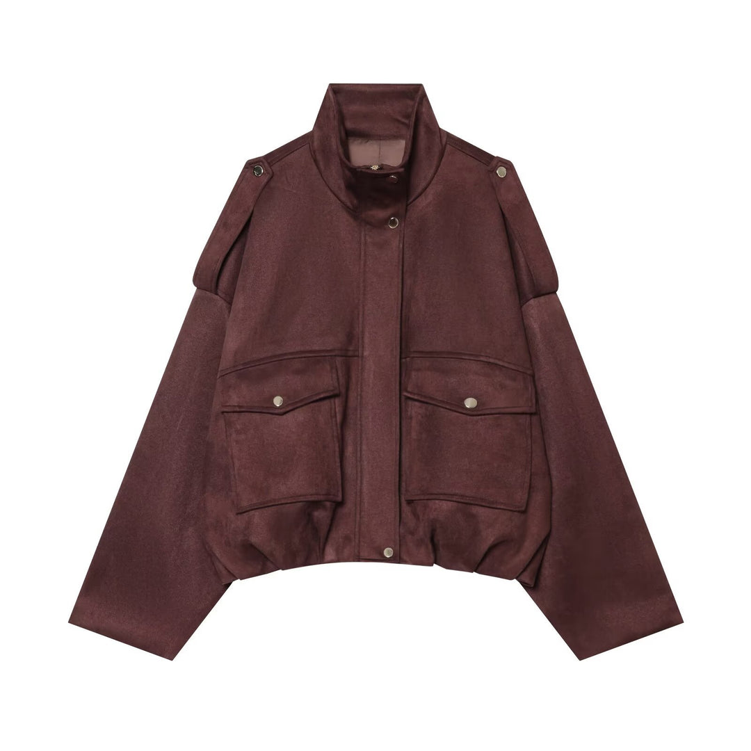 Damen Kurze Boxy-Jacke in Wildlederoptik mit Funnelkragen und Pattentaschen Drune