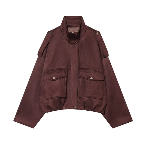 Damen Kurze Boxy-Jacke in Wildlederoptik mit Funnelkragen und Pattentaschen Drune