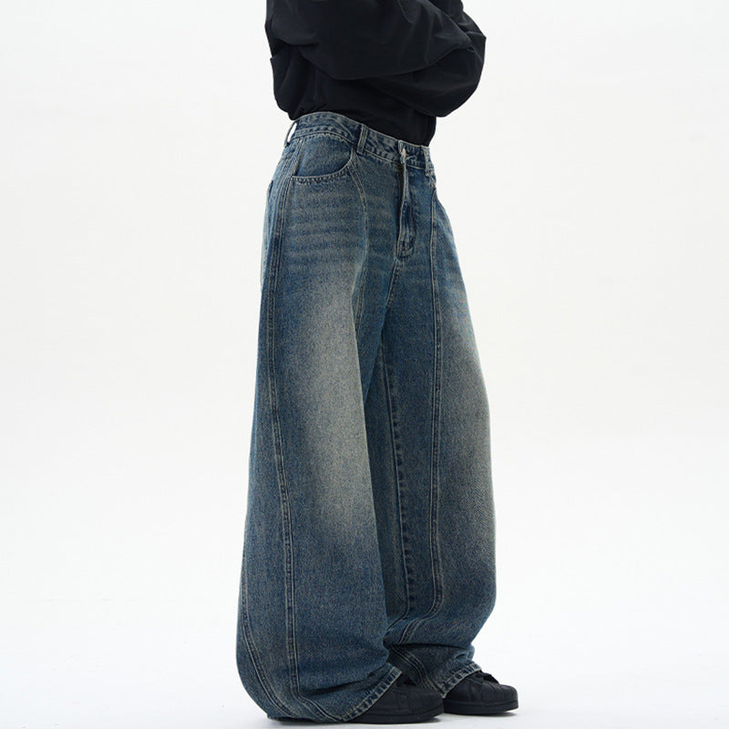 Damen Ultraweite hochgeschnittene Jeans-Palazzohose aus Vintage-Jeansstoff mit tiefem Schritt und skulpturaler Nahtführung Drune
