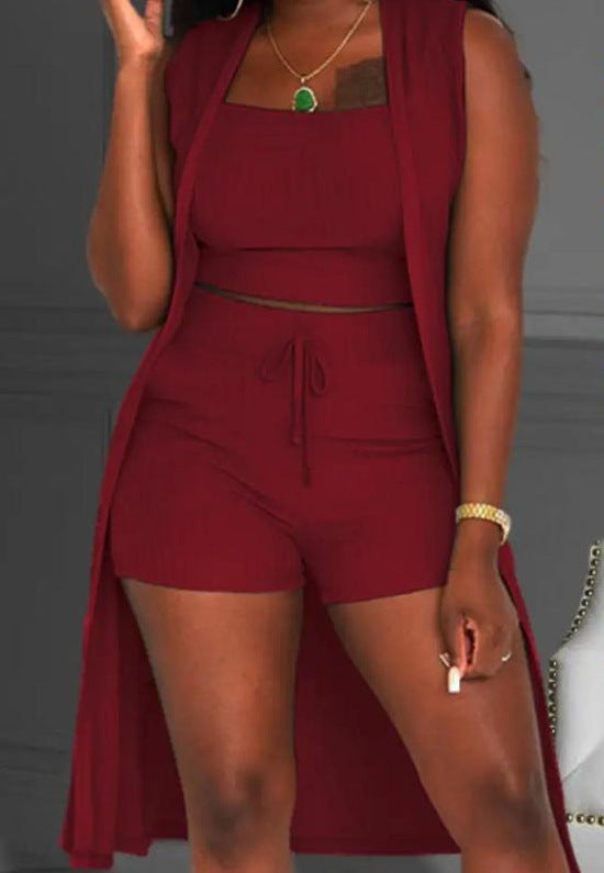 Damen lässiges 3-teiliges Set bestehend aus Crop-Top, Shorts und langem Cardigan Drune