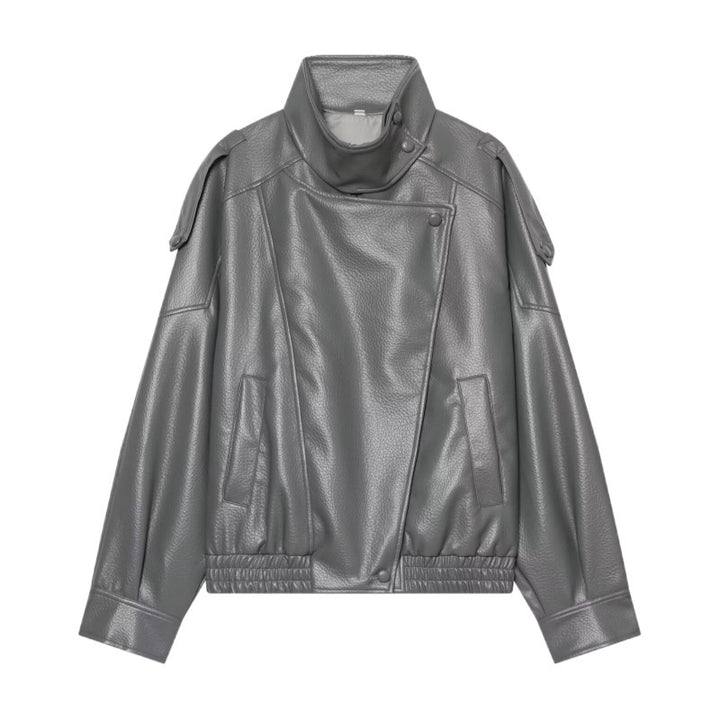 Damen Kunstleder-Bomberjacke mit hohem Stehkragen, asymmetrischem Verschluss und elastischem Saum Drune