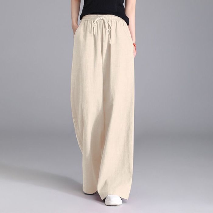 Damen nan weite Palazzo Leinenhose mit elastischem Kordelbund und Seitentaschen Drune