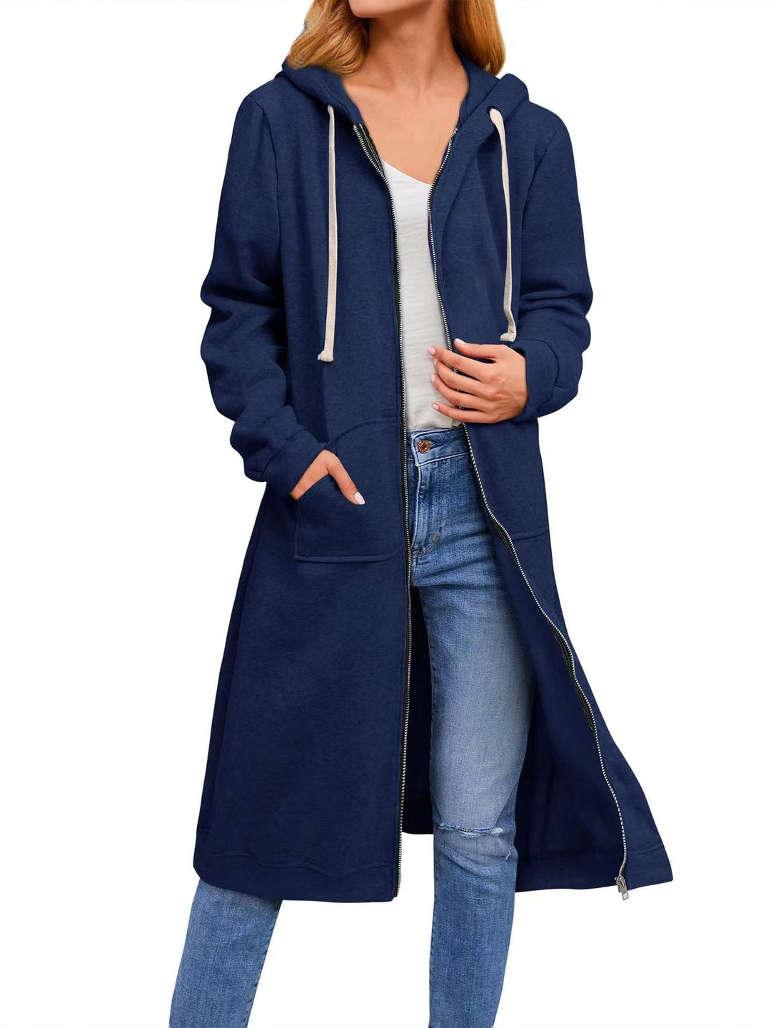 Damen lange Kapuzenjacke mit Reißverschluss und praktischen Taschen Drune