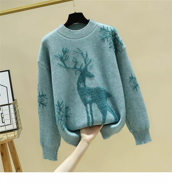 Damen Gemusterter Strickpullover mit Rentier-Jacquard, Rundhalsausschnitt und geripptem Saum Drune