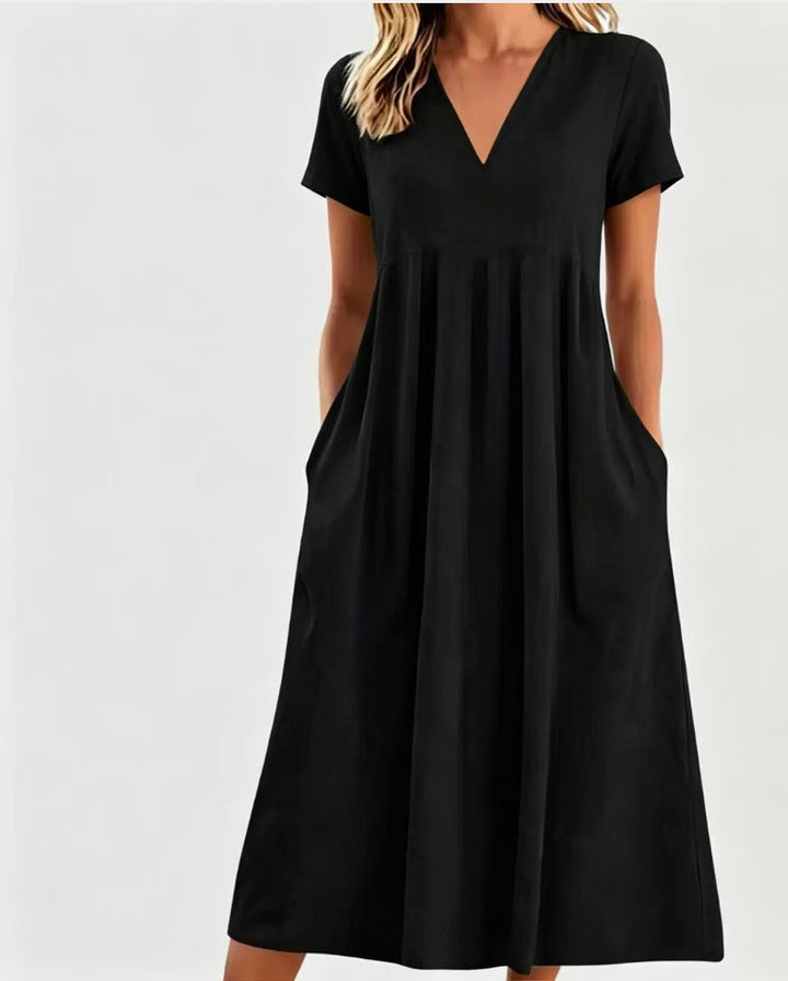 Damen nan legeres V-Ausschnitt-Midikleid mit Eingrifftaschen und geraffter Empirenaht Drune