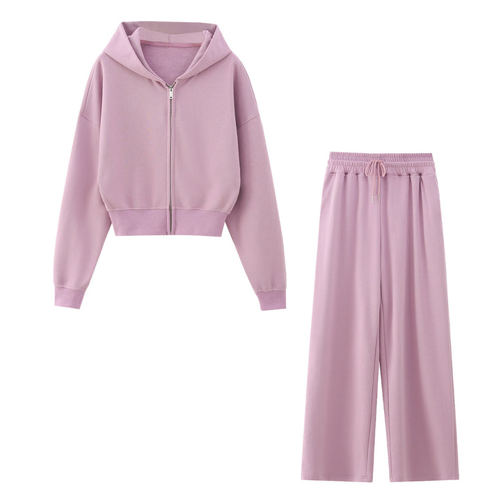 Damen Zweiteiliges Lounge-Set mit kurzem Reißverschluss-Hoodie und weitem High‑Waist-Jogginghose Drune