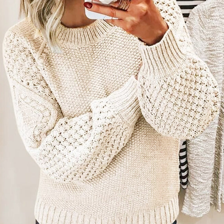 Damen Grobgestrickter Pullover mit Zopfmuster und Ballonärmeln Drune